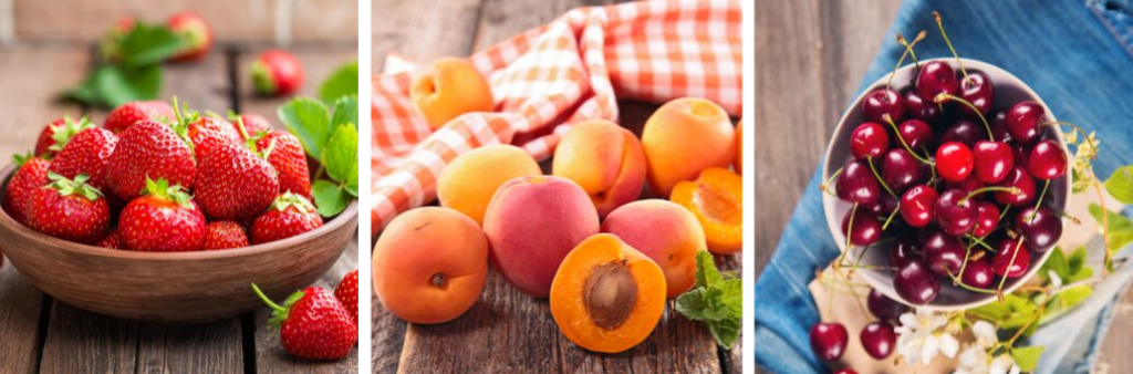 Fruits d'été: fraises, abricots et cerises