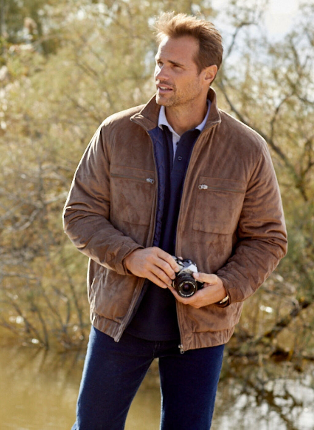 blouson suedine marron jean brut bleu