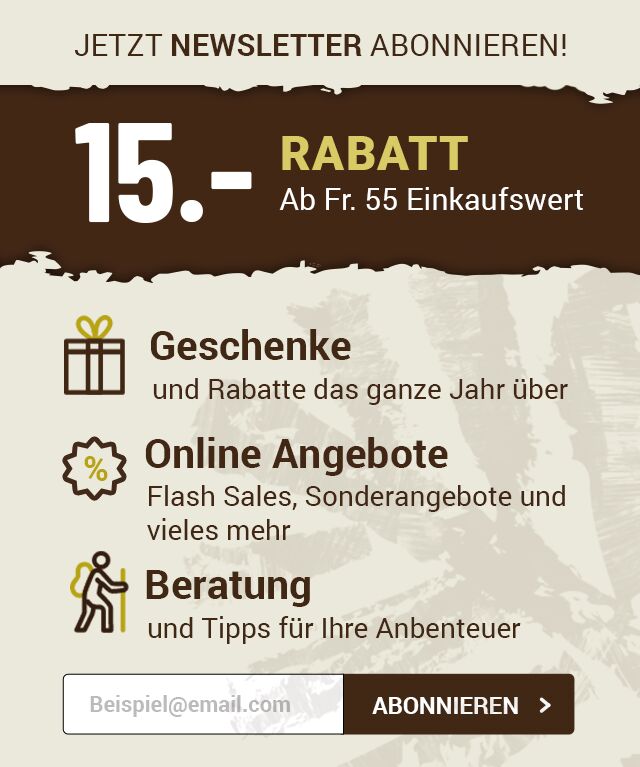 15.- RABATT ab Fr. 55 Einkaufswert beim Abonnieren unseres Newsletters