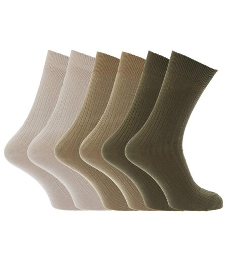 Mens 100% Cotton Ribbed Classic Socks (Pack Of 6) (Beige/Olive/Khaki) - UTMB144