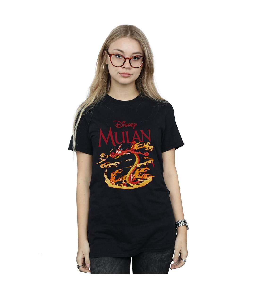 Disney Femme/Les femmes Mulan Mushu Dragon Fire Cotton Boyfriend T-Shirt (Noir) - UTBI18033-2