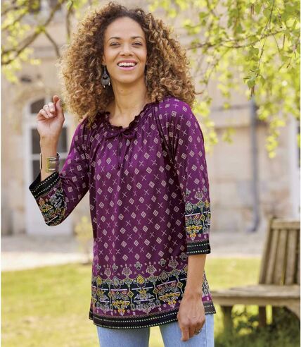 Women's Aztec-Print Tunic Top with Three-Quarter Length Sleeves