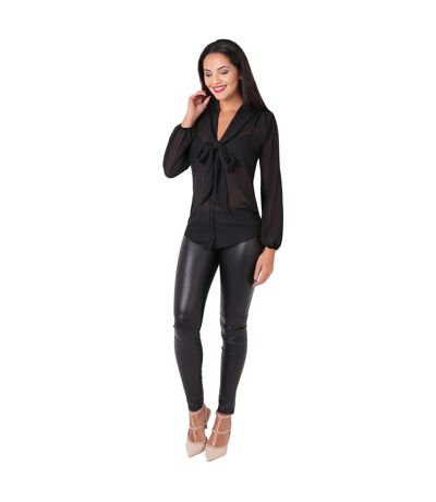 Womens/ladies Long Pussy Bow Chiffon Blouse Black Krisp