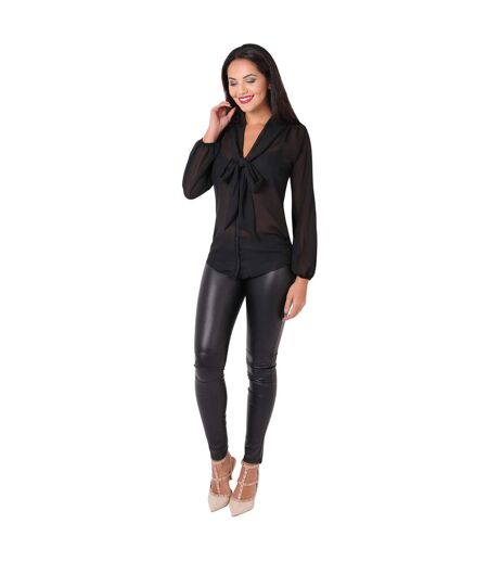 Womens/ladies Long Pussy Bow Chiffon Blouse Black Krisp