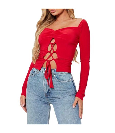 Womens/ladies Lace Up Double Layered Ruched Bust Crop Top Red I Saw It First