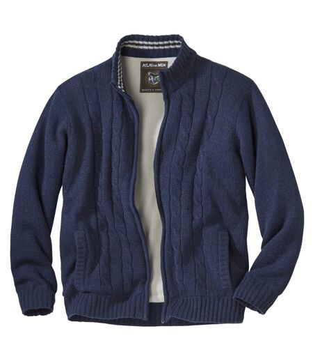 Men's Navy Blue Knitted Jacket with Fleece Lining - Full Zip