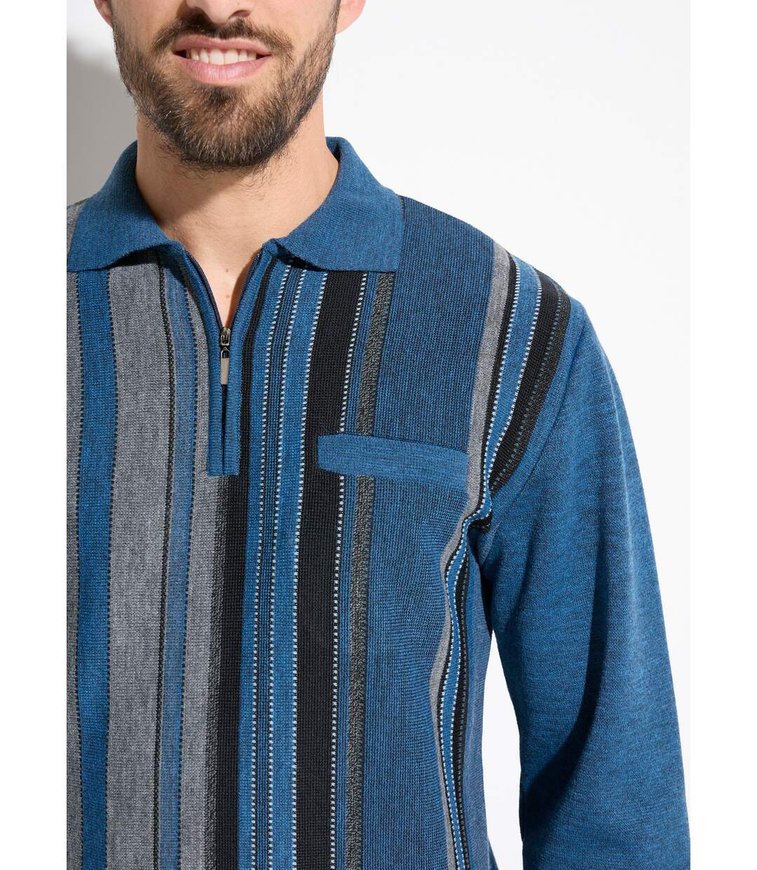 Pull col polo zippé jacquard rayé laine-4