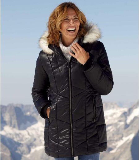 Women's Black Winter Padded Coat - Faux Fur Hood