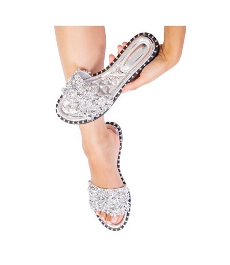 Womens/ladies Poppy Sparkle Diamante Wide Flat Sliders Silver Where´s That From