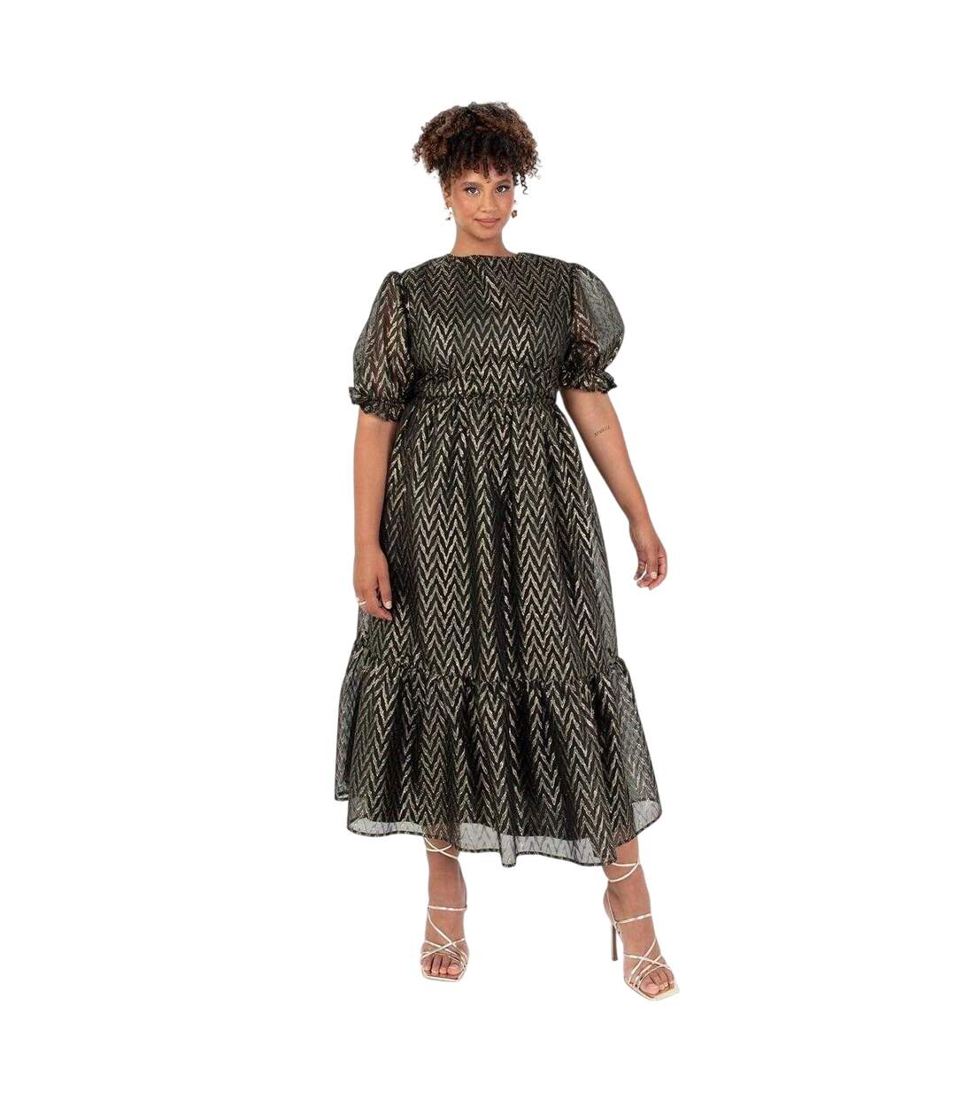 Robe Mi-longue Manches Courtes Motif/style Chevron Femme Jaune Or Lovedrobe-1