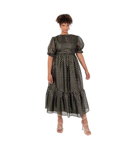 Robe Mi-longue Manches Courtes Motif/style Chevron Femme Jaune Or Lovedrobe