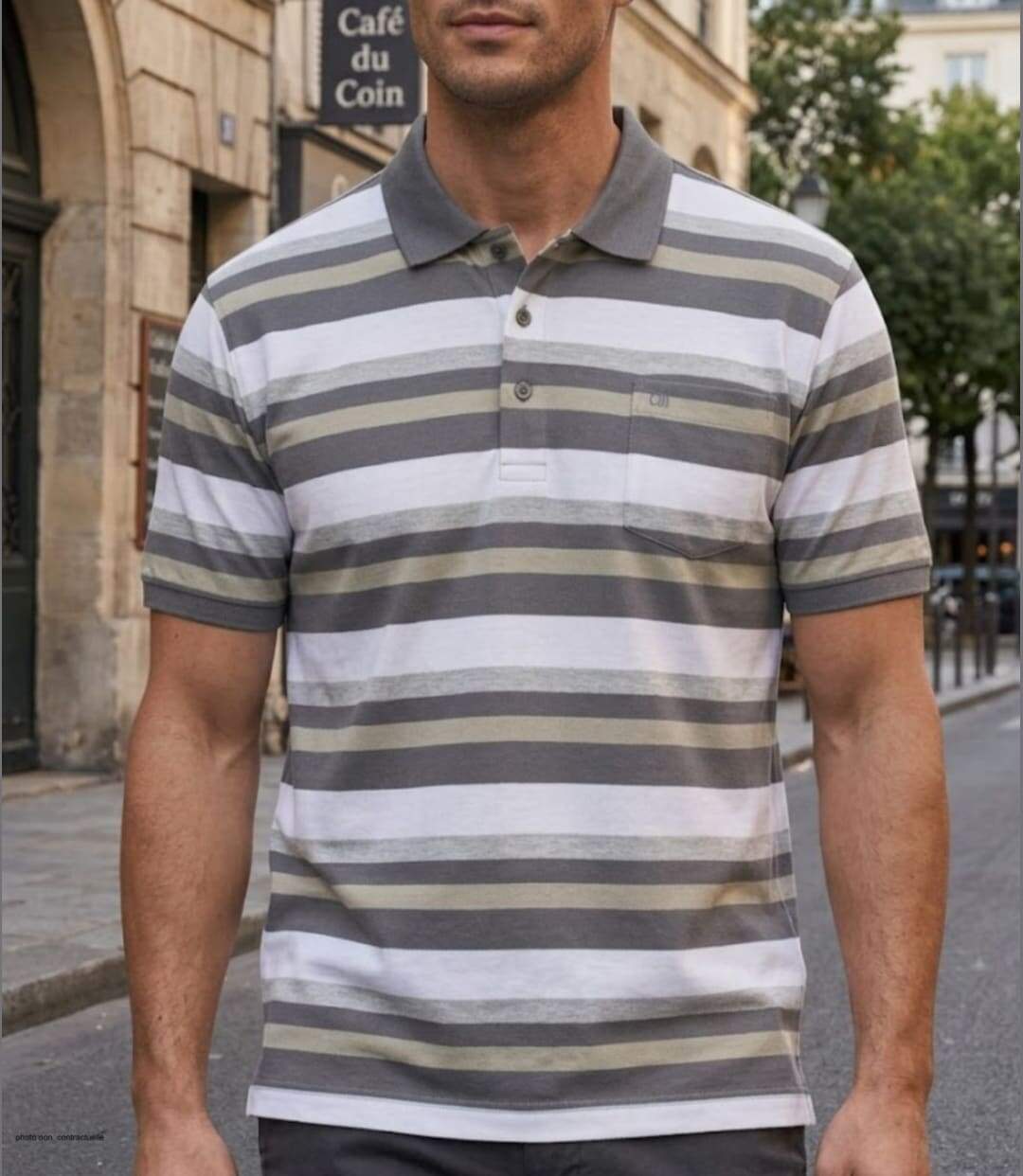 CHALLENGER RALPH3 : Polo manches courtes à rayures en coton beige pour homme-1