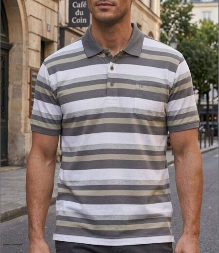 CHALLENGER RALPH3 : Polo manches courtes à rayures en coton beige pour homme