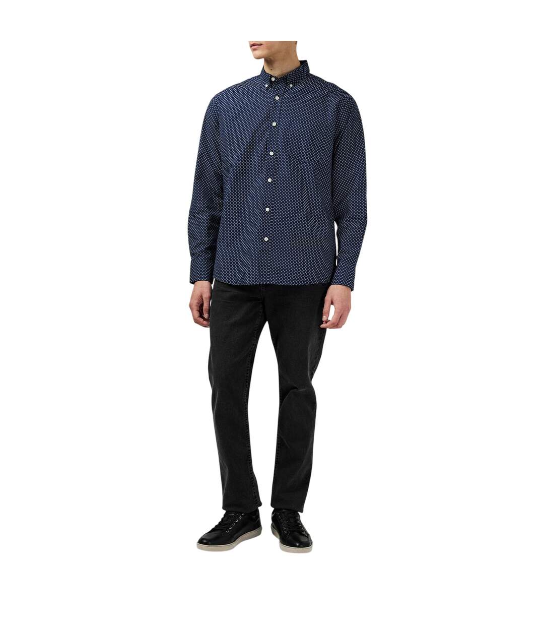 Chemise Manches Longues Motif/style À Motifs Homme Bleu Marine Blanc Fabric-3