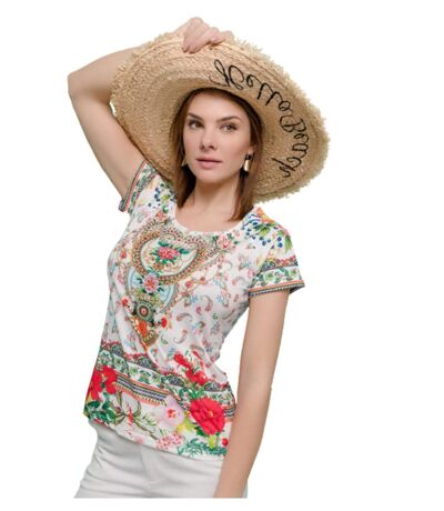 Tee shirt femme manches courtes avec motifs imprimés multicolores - Col rond