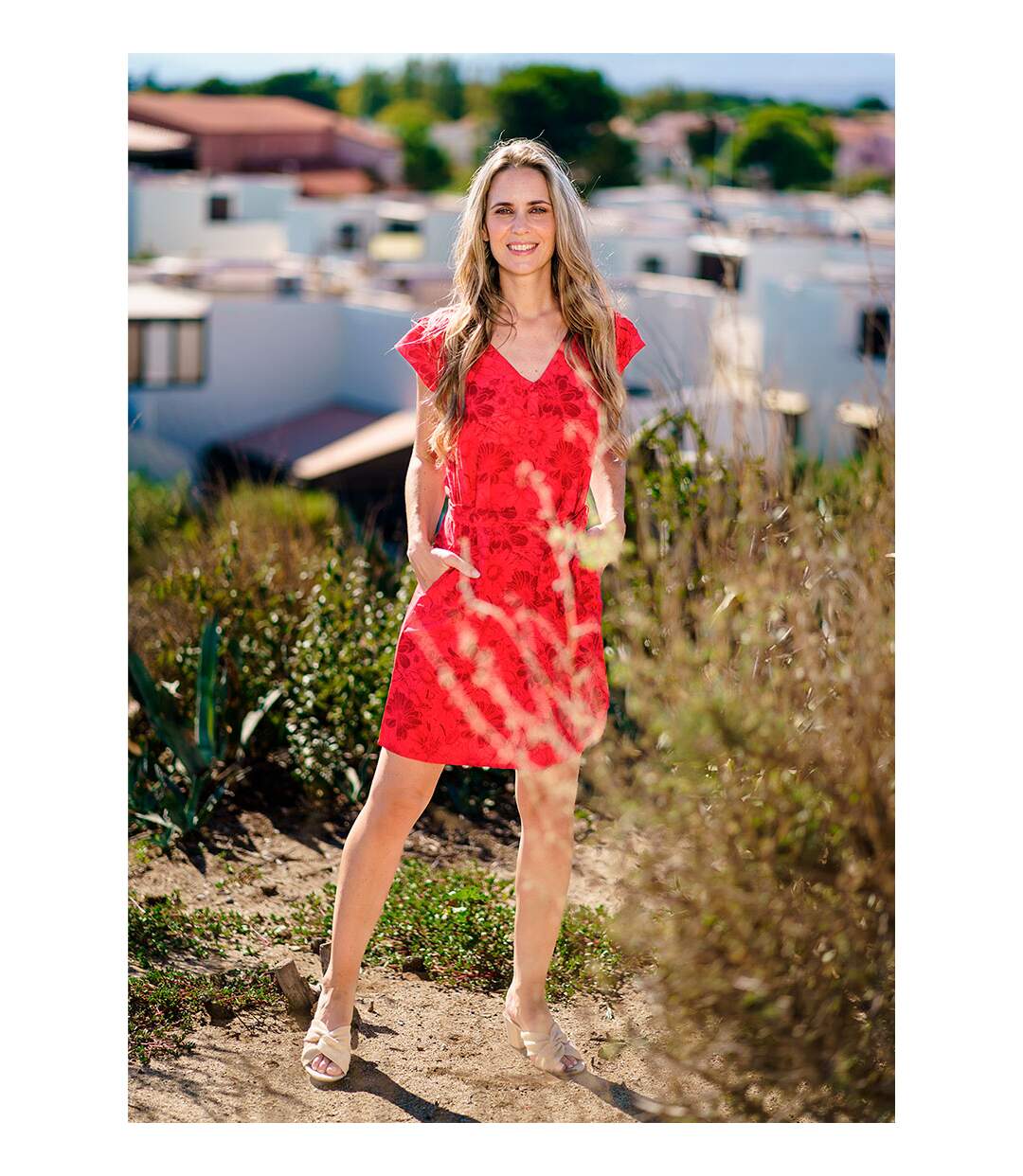 Robe femme casual chic Vera imprimé floral rouge Coton Du Monde