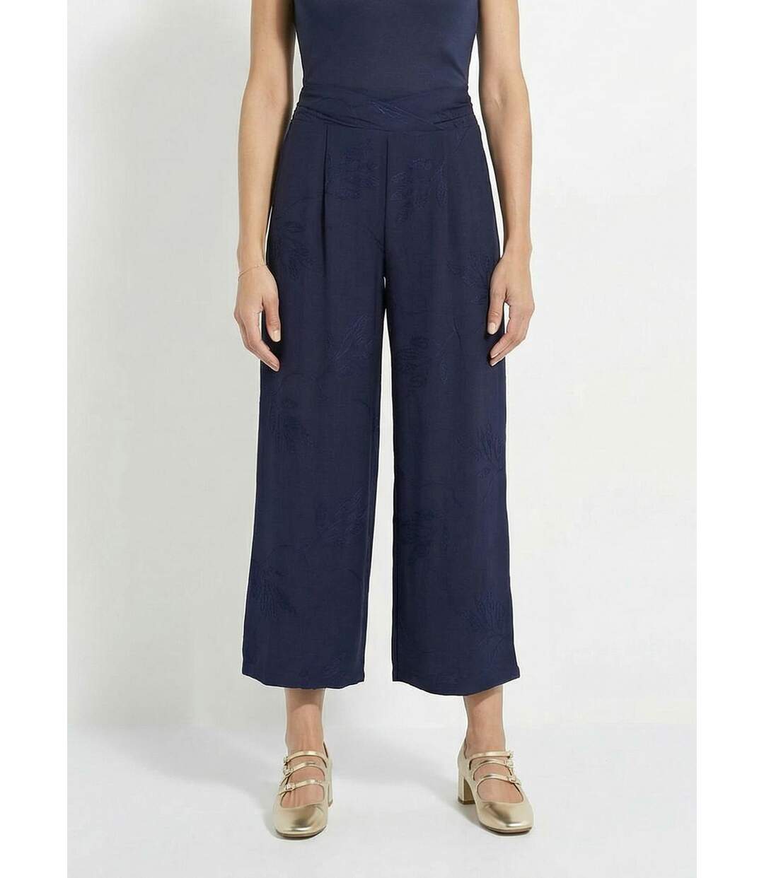 Pantalon large élastiqué brodé feuillage-1