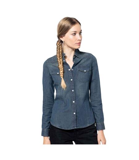 Womens/ladies Long-sleeved Shirt Blue Jean Kariban