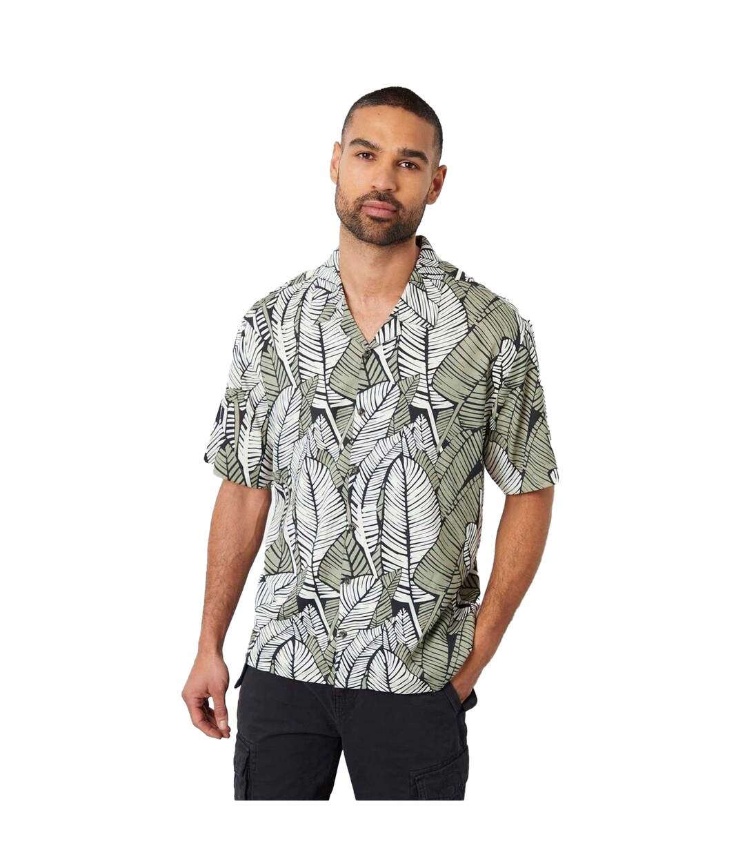 Mens Leaf Print Relaxed Fit Shirt Black Threadbare-2