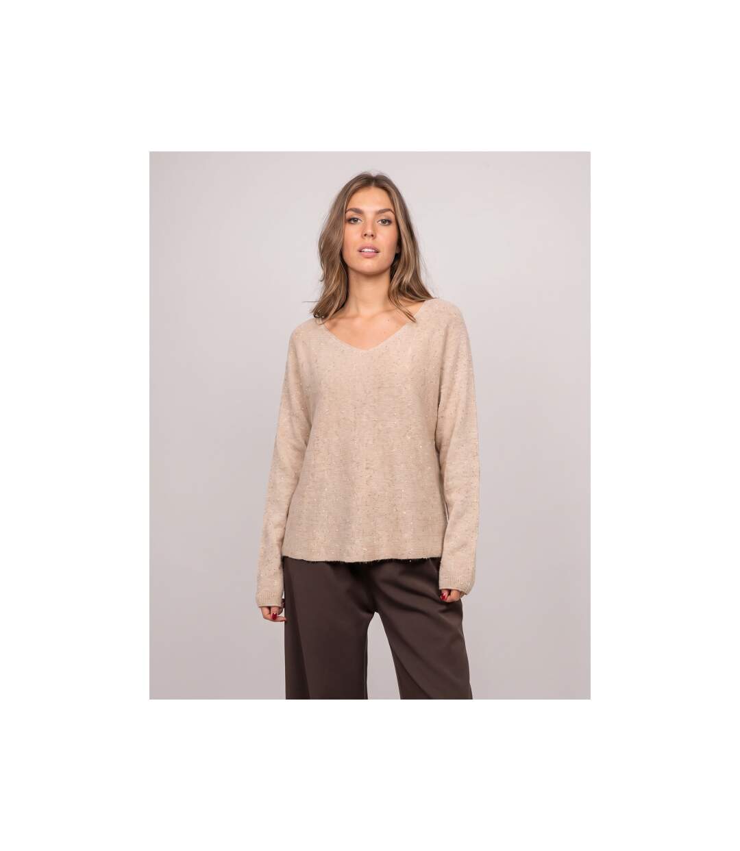 Pull col V maille fil brillant KASSIANE - Dona X Lisa-1