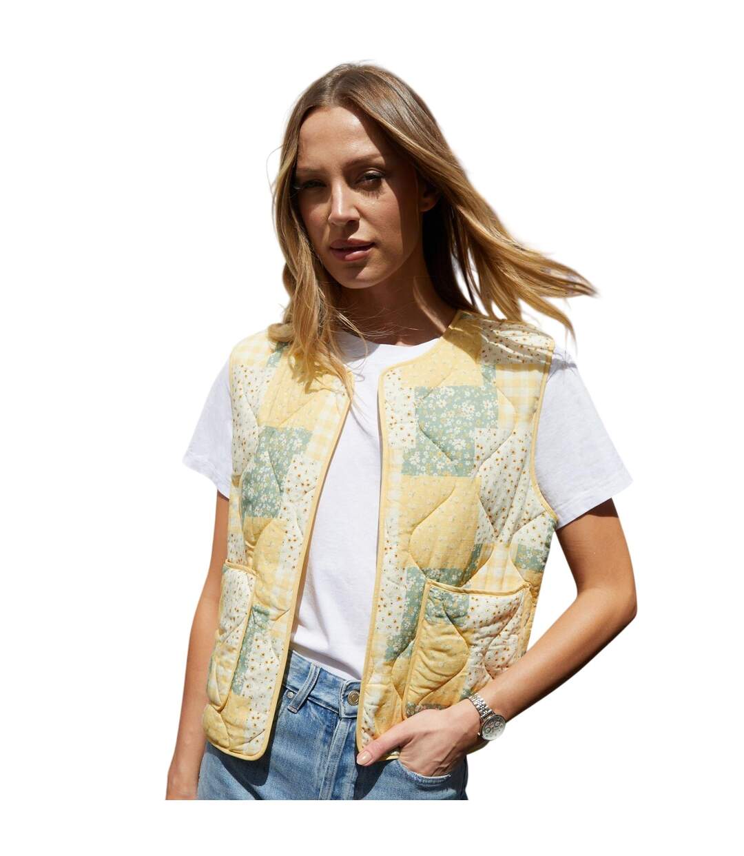 Doudoune Sans Manches Motif/style Patchwork Cabos Femme Citron Threadbare-1