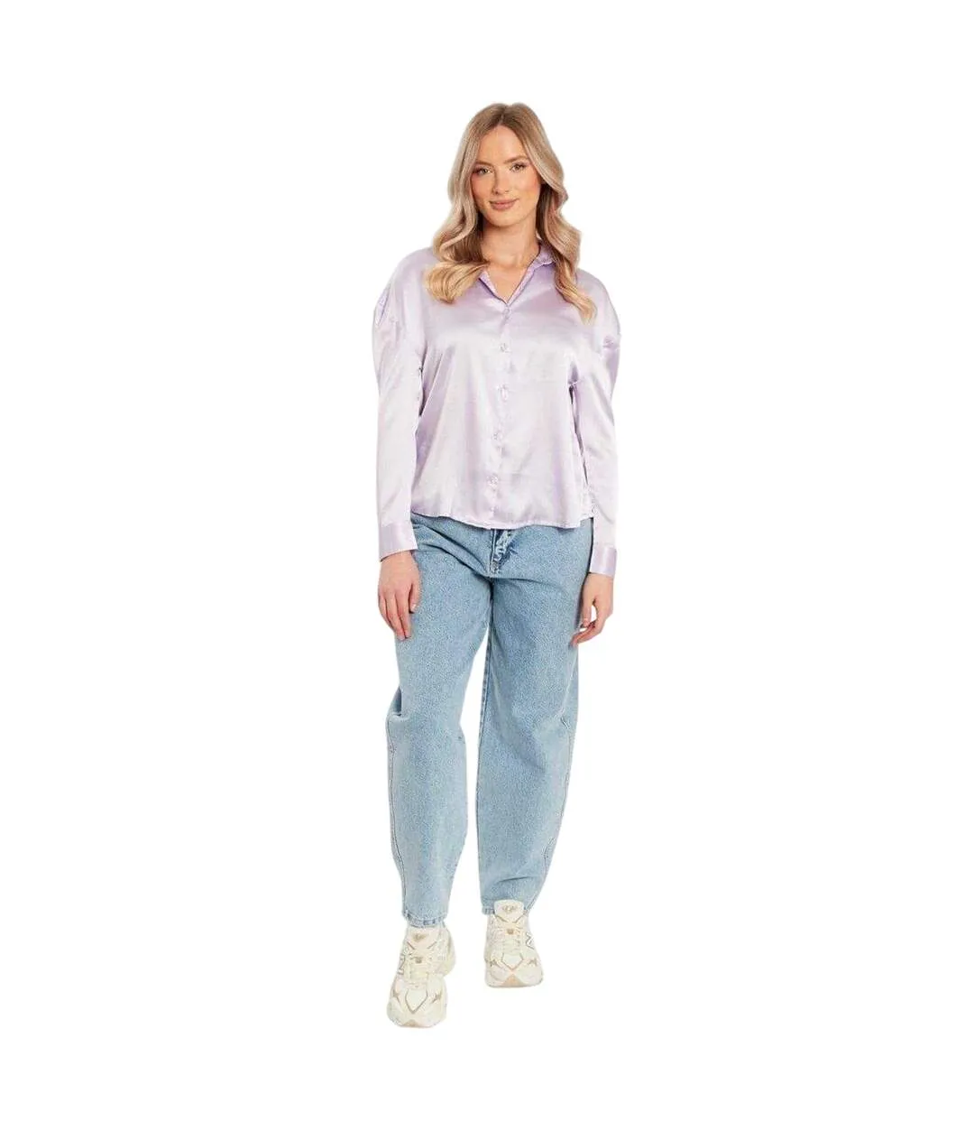 Womens/ladies Satin Relaxed Fit Long-sleeved Shirt Lilac Influence-1