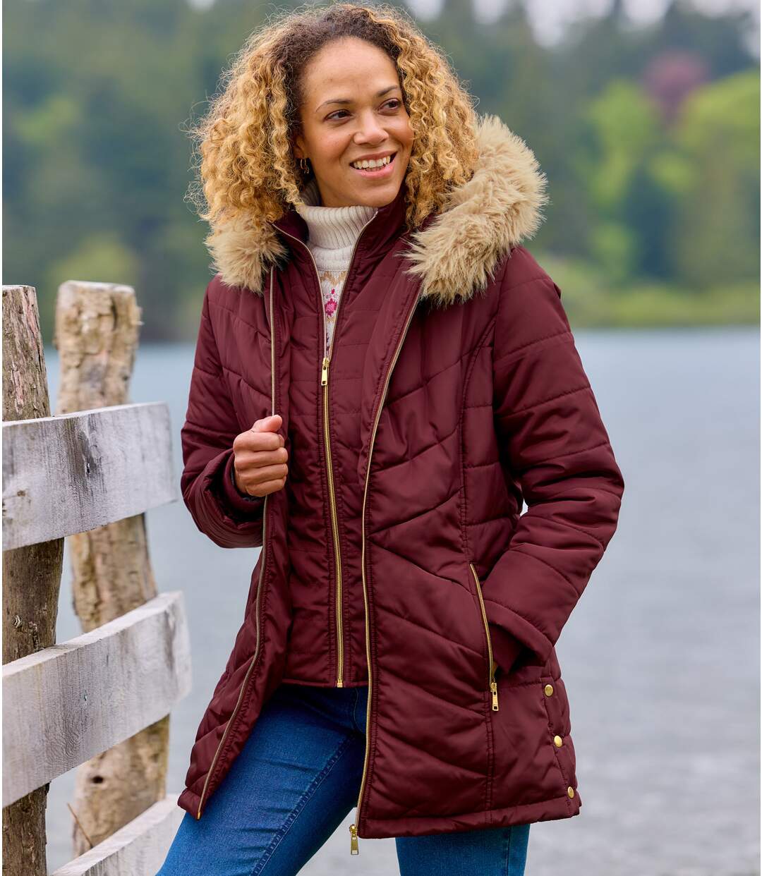 Burgundy Padded Jacket with Faux-Fur Hood-1