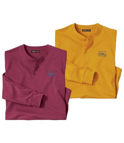 Pack of 2 Men's Button-Neck Tops - Burgundy Yellow