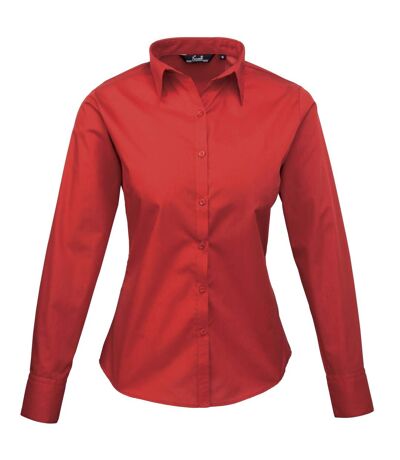 Premier Womens/Ladies Poplin Long Sleeve Blouse / Plain Work Shirt (Red) - UTRW1090