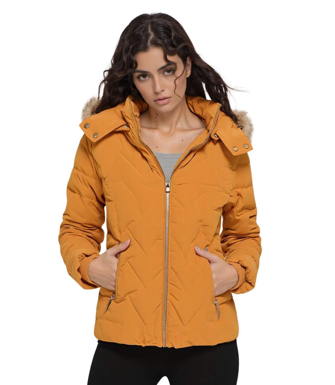 Doudoune courte pour femme, jaune éclatant avec capuche amovible et poches pratiques - Idéale pour l'automne et l'hiver-1