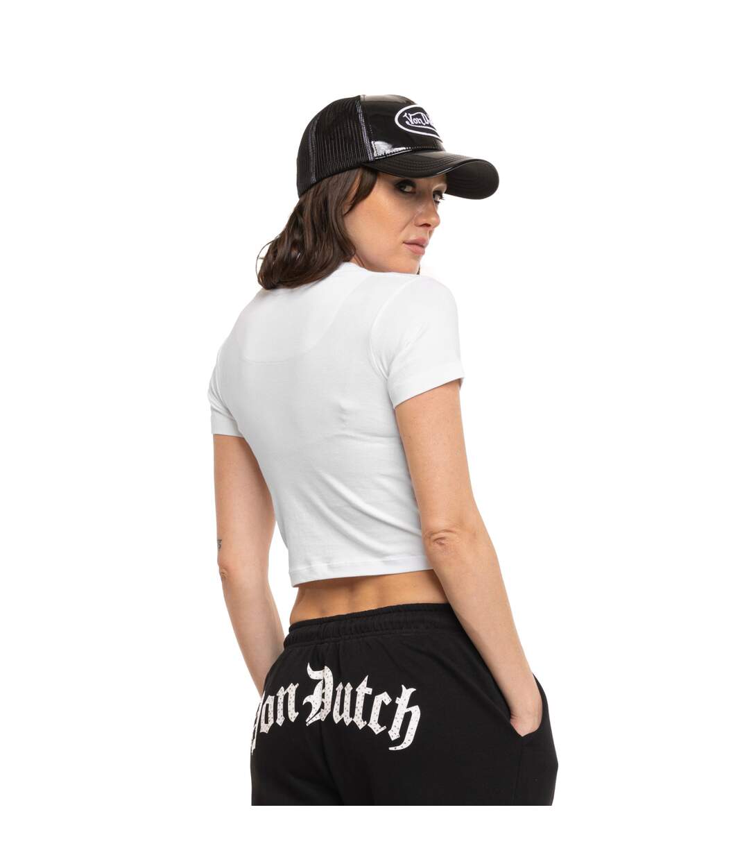 T-shirt femme crop top moulant col rond print devant Rud Vondutch-3