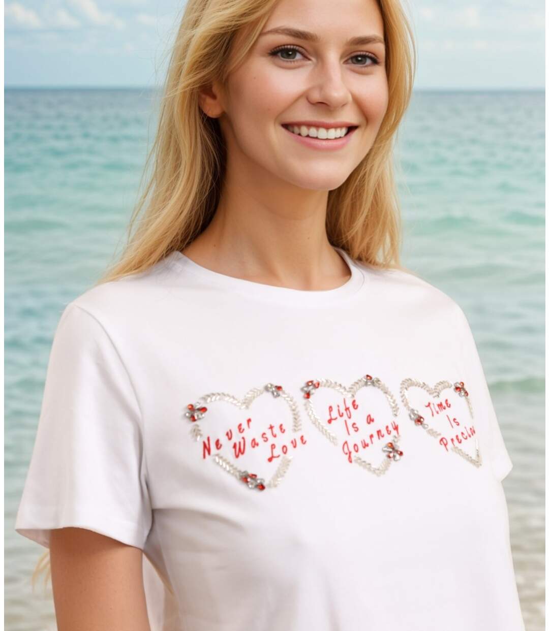 T-shirt Femmes élégance Coeur à Manches Courtes - Couleur blanc-3