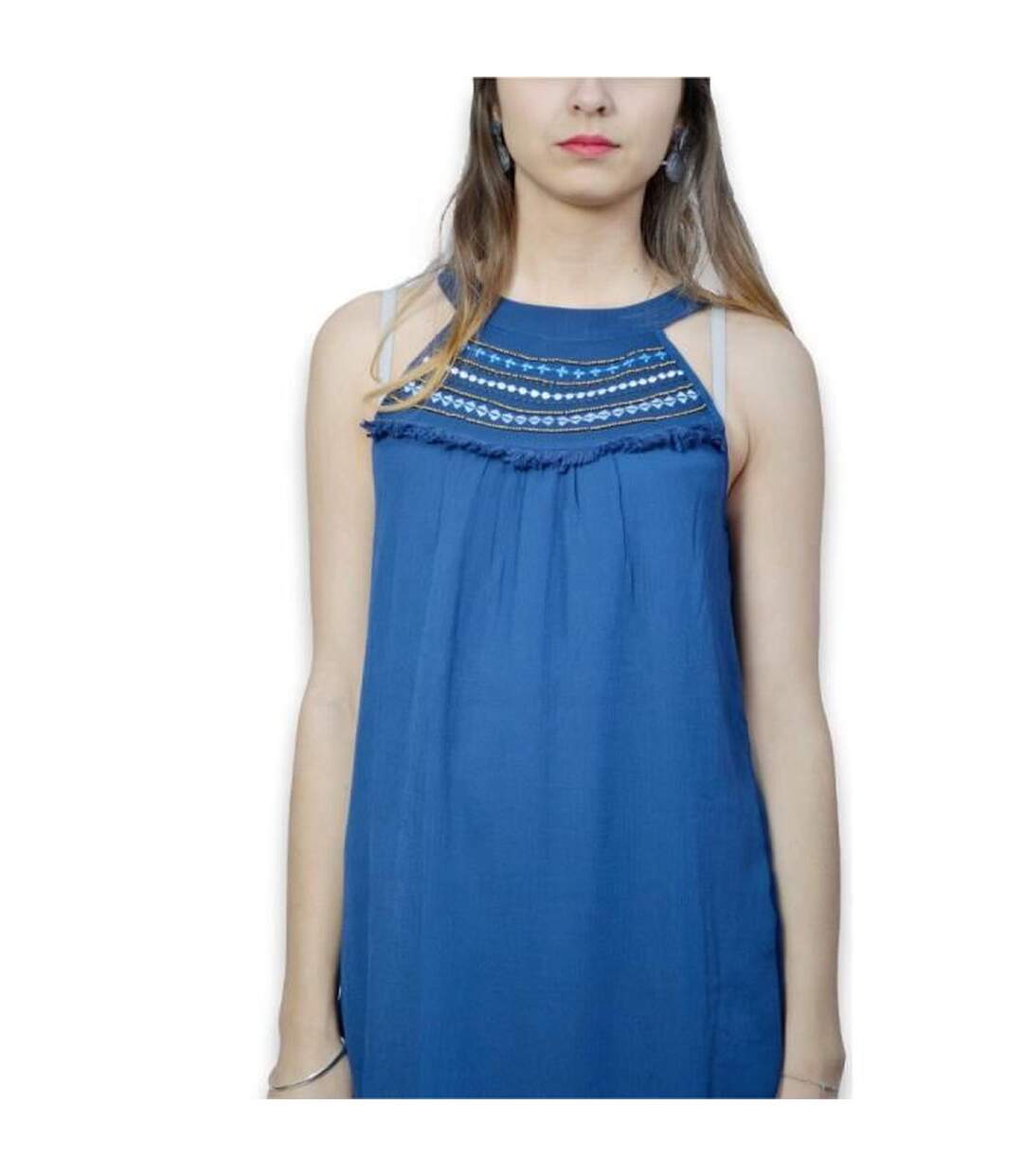 Robe femme sans manche de couleur bleu col rond