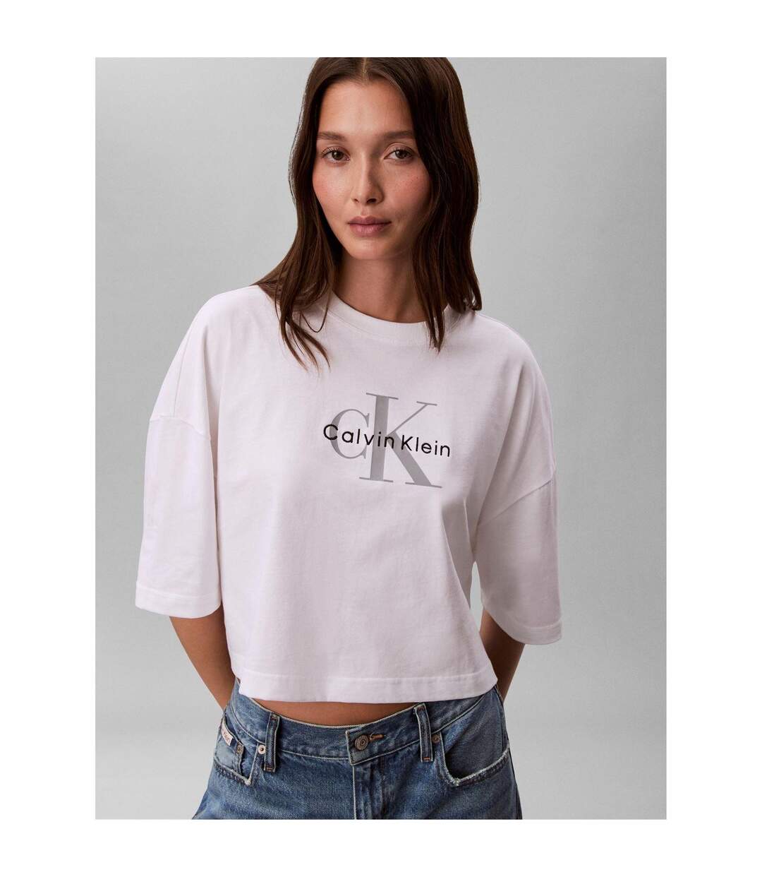 Womens/ladies Oversized Crop T-shirt Bright White Calvin Klein-2