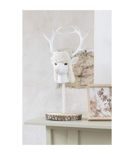 Tête de Cerf sur Socle Imitation Fourrure 52cm Écru