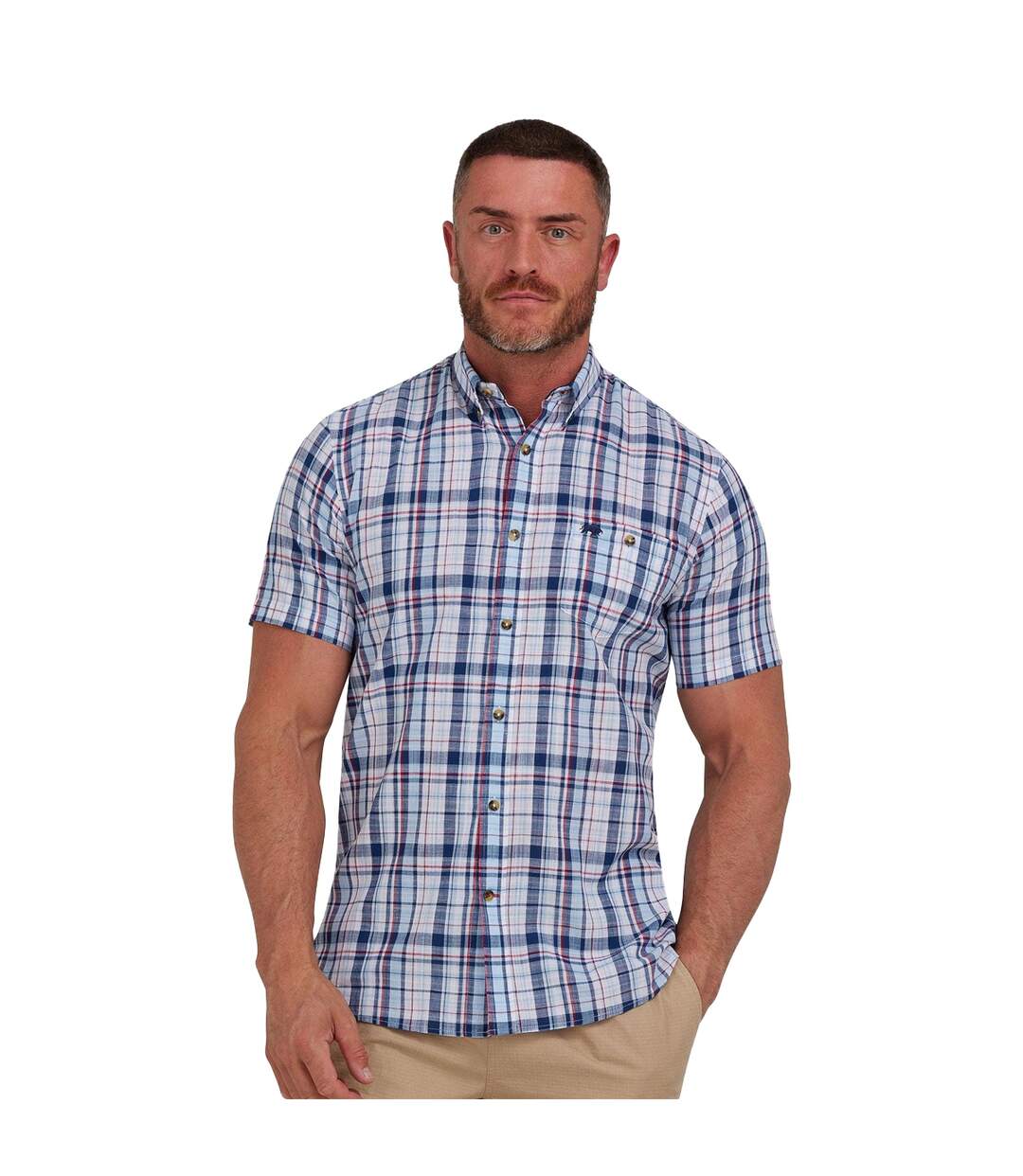 Mens Large Check Linen-look Short-sleeved Shirt Navy Raging Bull-1