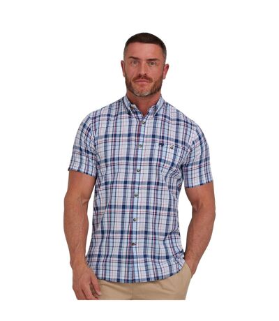 Mens Large Check Linen-look Short-sleeved Shirt Navy Raging Bull
