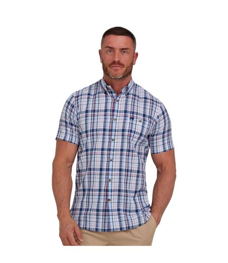 Mens Large Check Linen-look Short-sleeved Shirt Navy Raging Bull