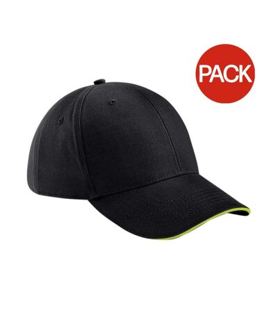 Beechfield Adults Unisex Athleisure Cotton Baseball Cap (Pack of 2) (Black/Lime Green) - UTBC4243