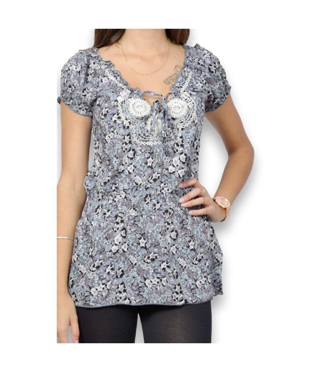 Blouse femme sans manche  motif imprimé sur fond gris col en V-4