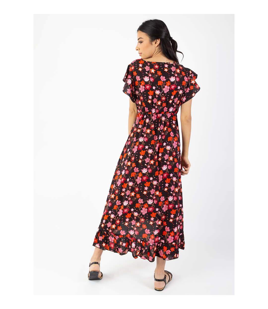 Robe longue à volants KENDRA imprimé fleurs de cerisier noir Coton Du Monde