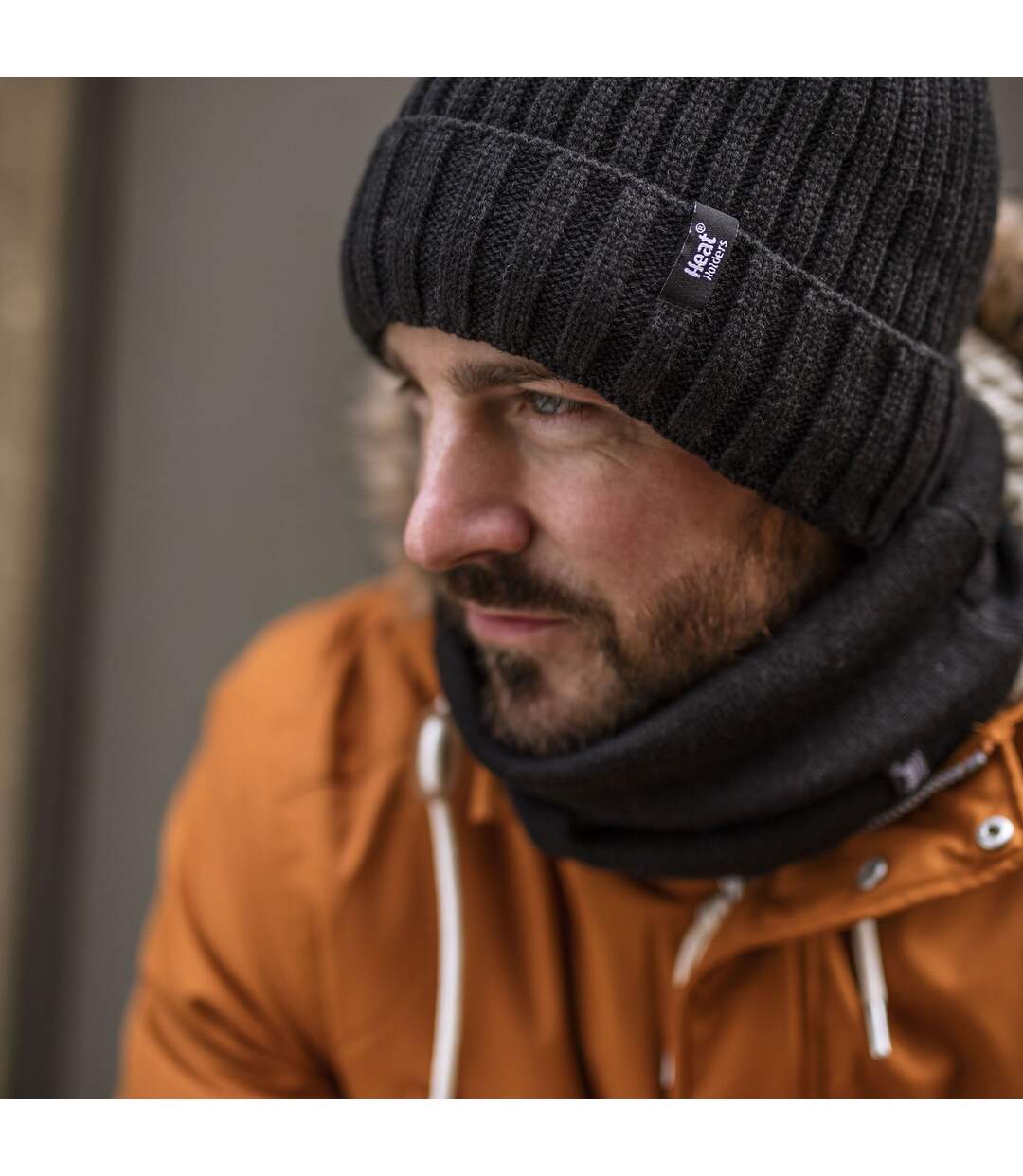 Mens Ribbed Knit Fleece Lined Turn Over Cuff Thermal Beanie Hat-3