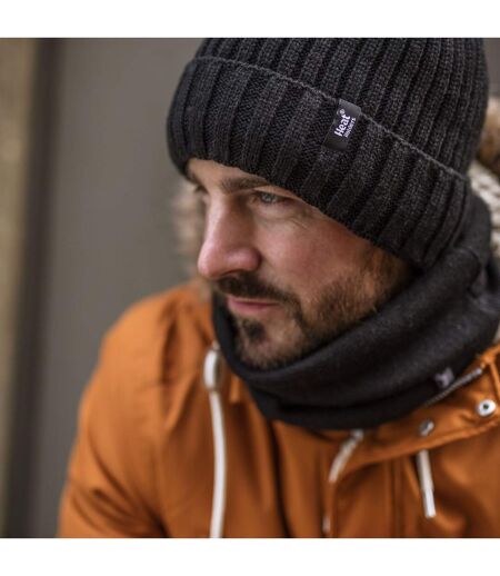 Mens Ribbed Knit Fleece Lined Turn Over Cuff Thermal Beanie Hat