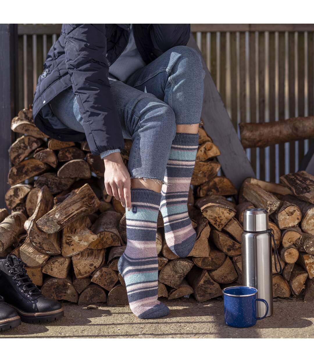 Heat Holders - Chaussettes thermiques à rayures mixtes pour dames-5