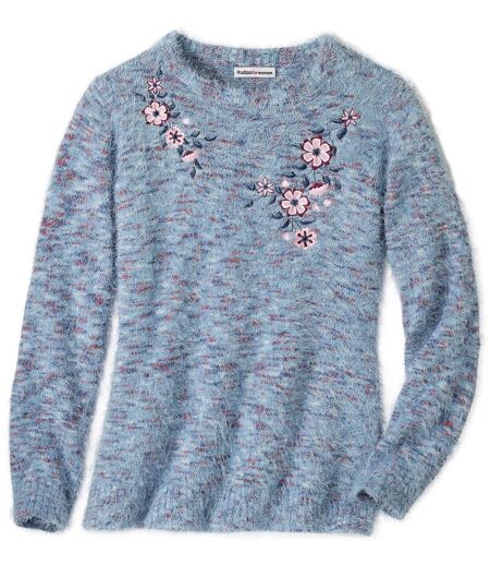 Melanżowy sweter z włochatej dzianiny trykotowej z kwiatowymi haftami