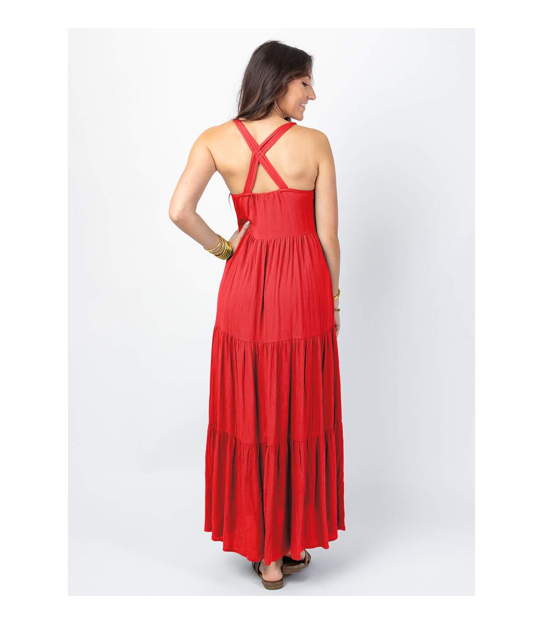 Robe longue unie fines bretelles torsadées MONICA rouge Coton Du Monde-2