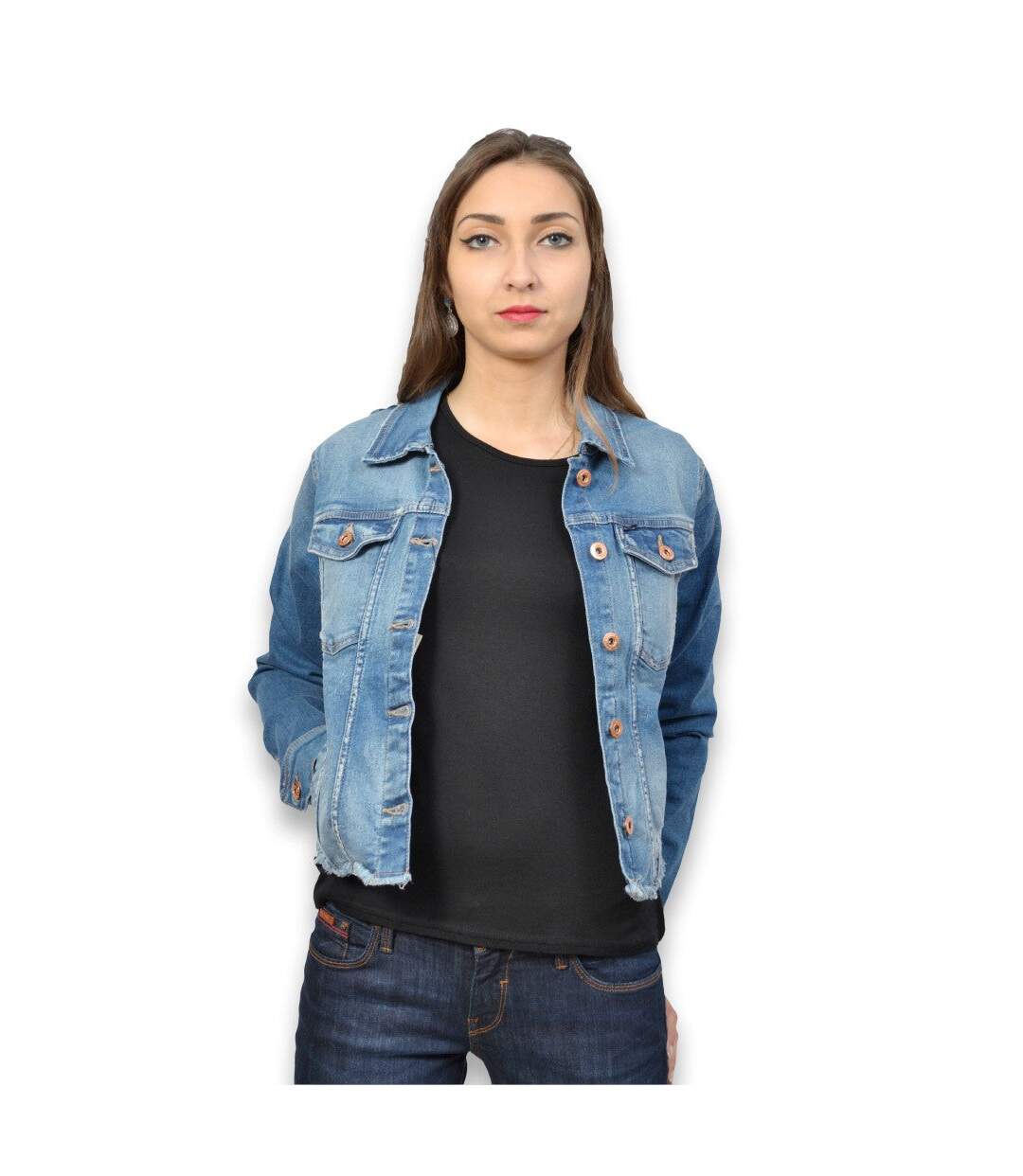 Blouson femme manches longues en jean court stone used-1