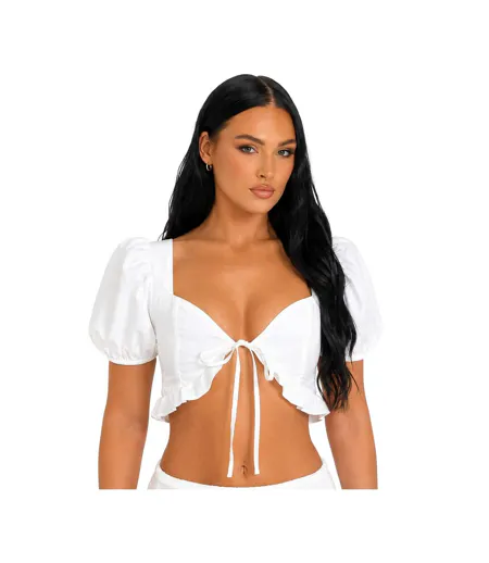 Womens/ladies Shirred Back Puff Sleeve Crop Top White Missy Empire