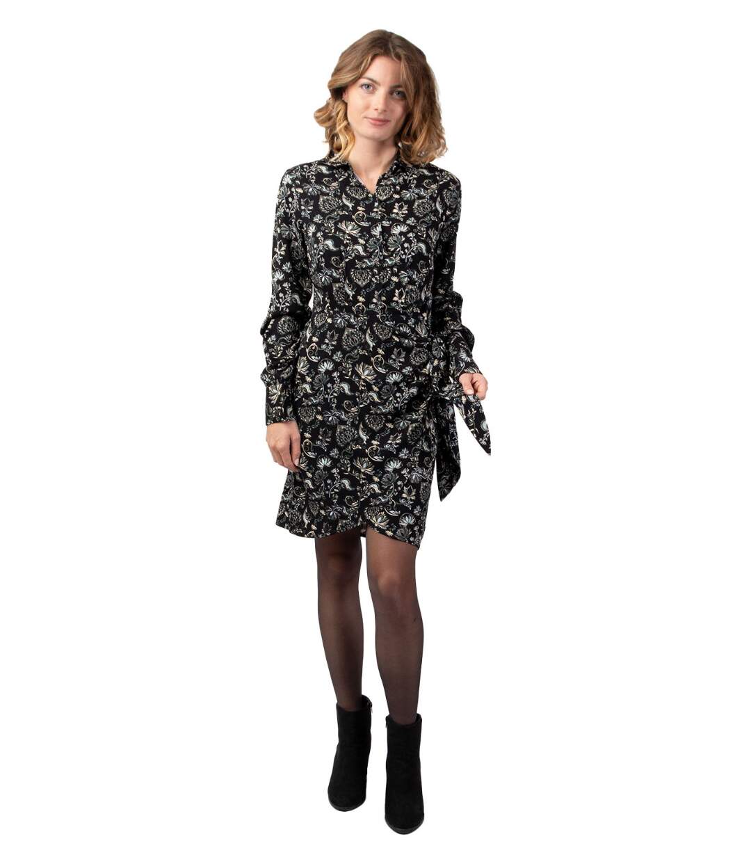 Robe courte hiver manches longues RIANA coupe portefeuille noir Coton Du Monde