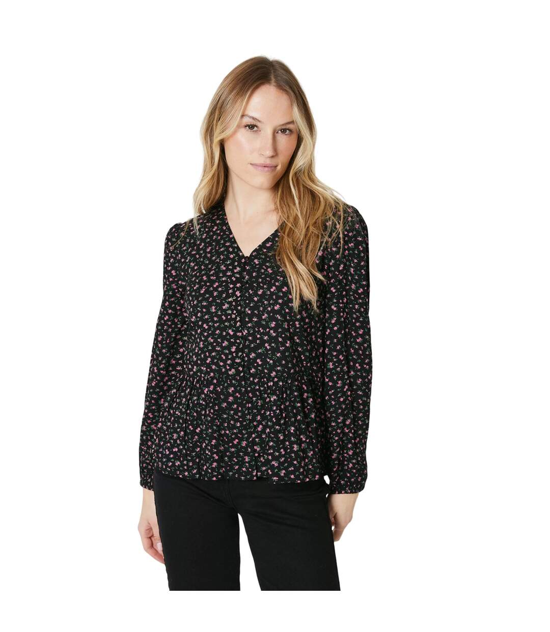 Womens/ladies ditsy floral front tie long-sleeved blouse black Maine-1